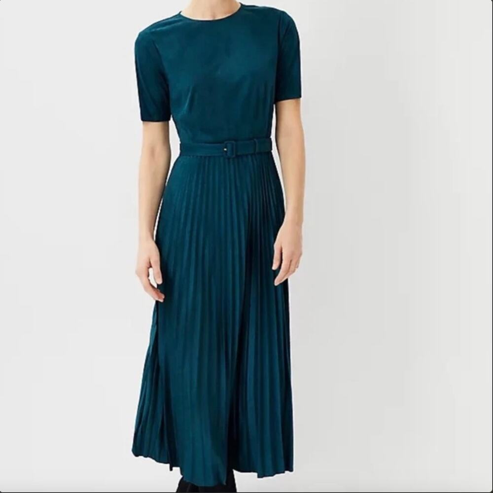 Ann Taylor Faux Suede Pleated Midi Dress 14P Teal Belted Wedding Guest NWT Party - Picture 10 of 13